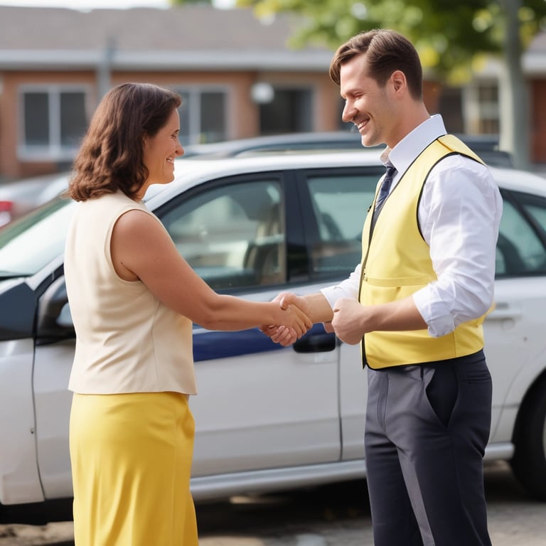 Man buying a car from a car seller. Car seller is getting paid good amount for used car.