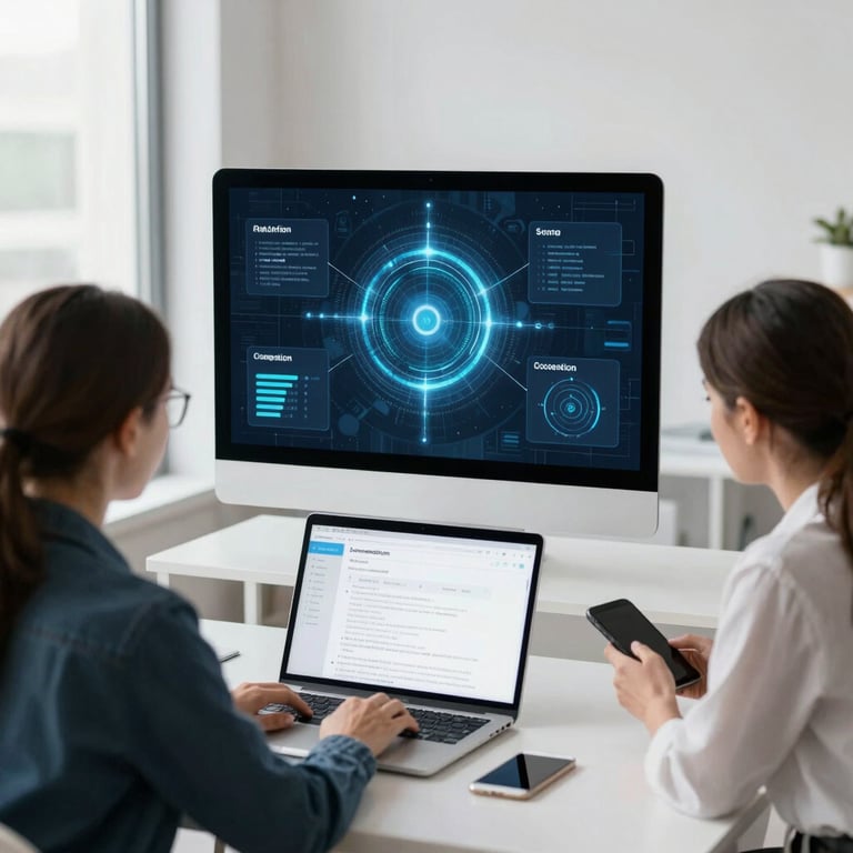 A team collaborating over laptops surrounded by smart devices in a modern office.