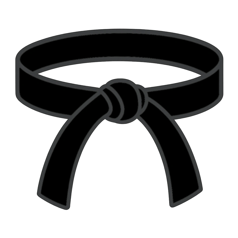 A black and white line art illustration of a tied martial arts belt icon.