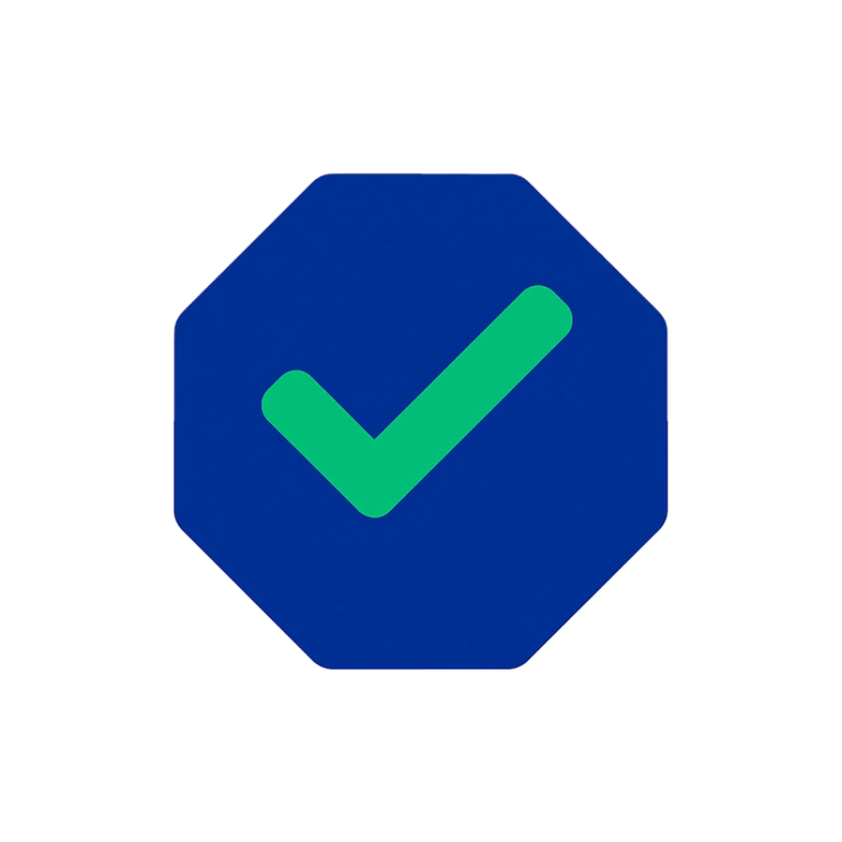 Green check mark icon inside a blue octagonal badge symbol on a black background.