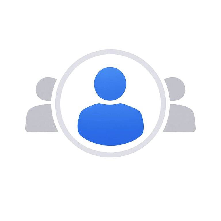 Blue and grey user group icon representing a community, team, or audience on a black background.