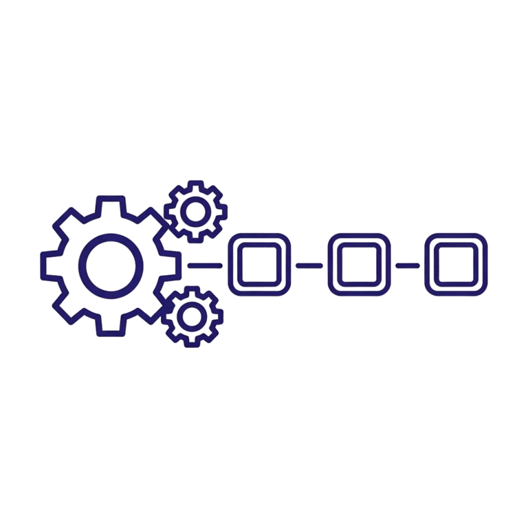 A purple line art icon depicting interlocking gears connected to a sequential workflow process.