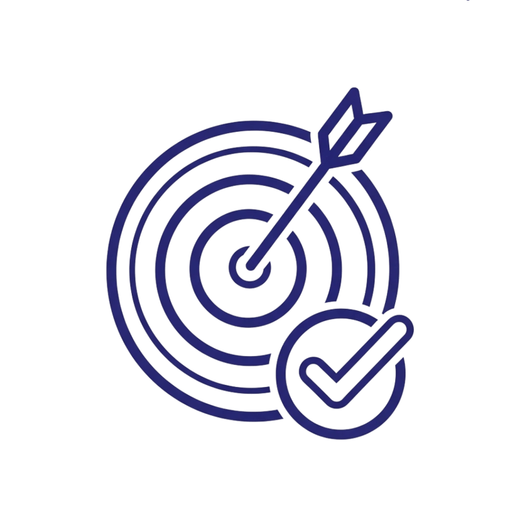 Purple outline icon of an arrow hitting a bullseye target with a checkmark for goal success.