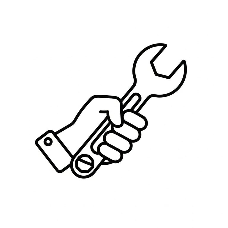 A black and white line art icon of a hand holding a mechanical wrench for repair services.