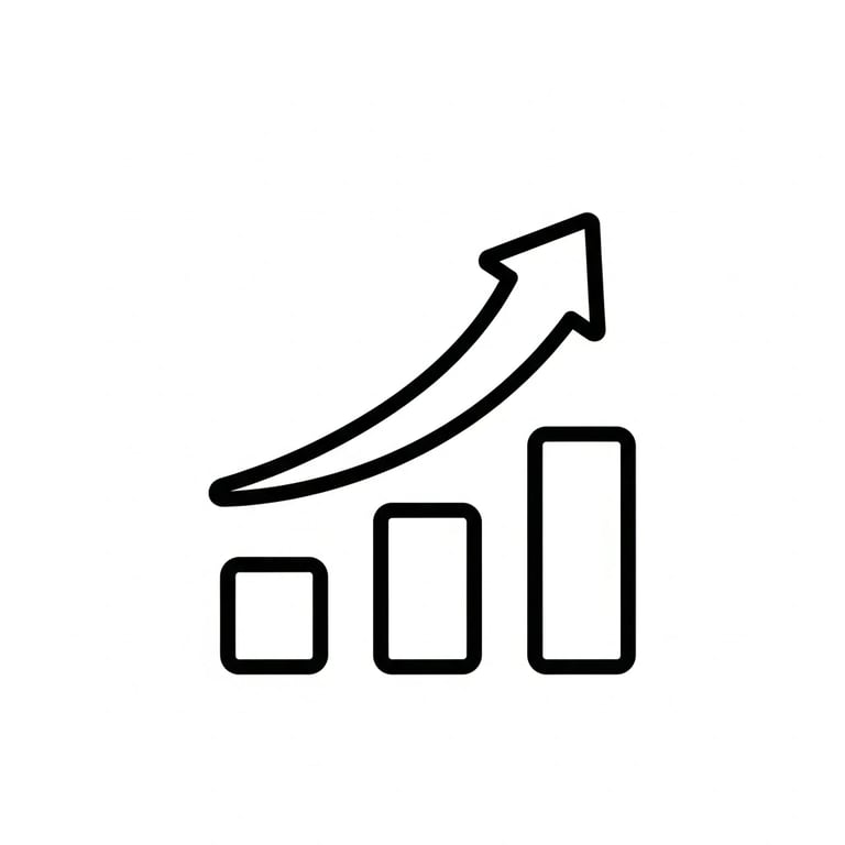 Line art icon of a bar chart with an upward arrow showing business growth and financial success.