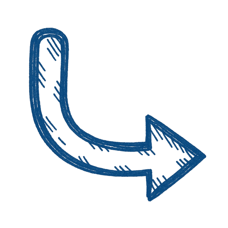 A hand-drawn blue curved arrow pointing right and down on a transparent background.