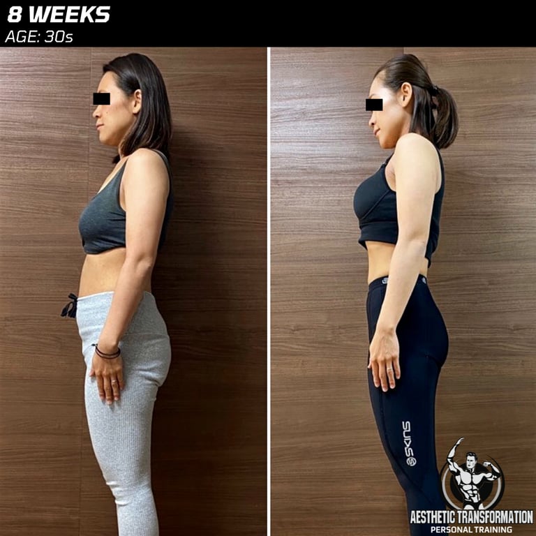 Sara's side view before and after online fitness transformation.
