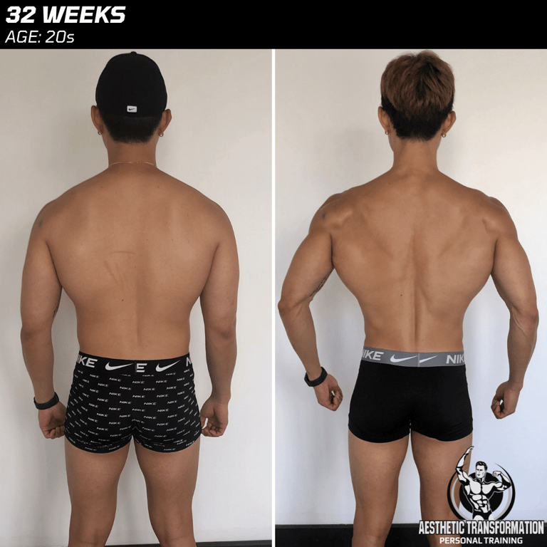 Sho's rear view before and after online fitness transformation.
