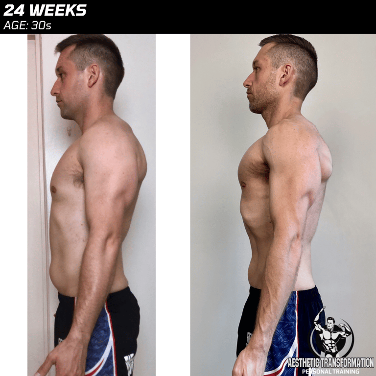 Dan's side view before and after showcasing his progress through personalised online fitness coachin