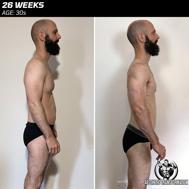 Marco's side view before and after online fitness transformation.