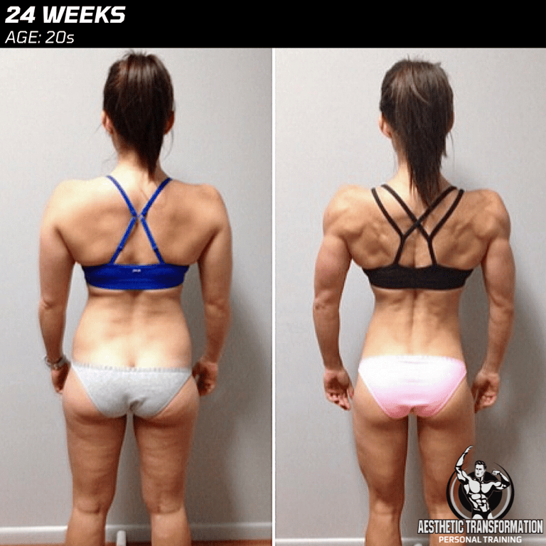 Sammy's rear view before and after online fitness transformation.