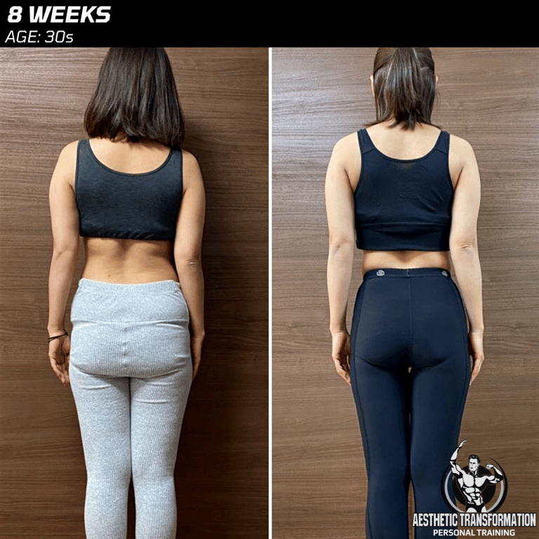 Sara's rear view before and after online fitness transformation.