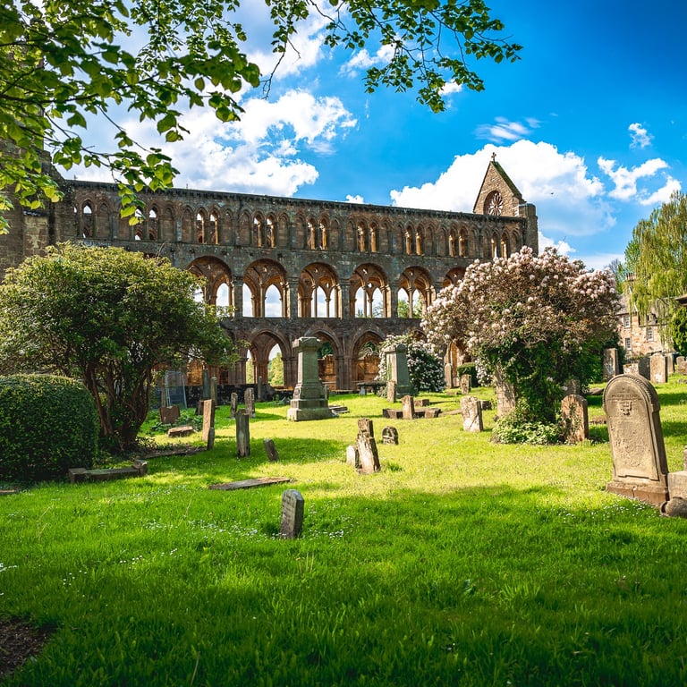 Ruines majestueuses de l'Abbaye de Jedburgh sous un ciel bleu, entourées d'arches gothiques, verdure et pierres tombales.