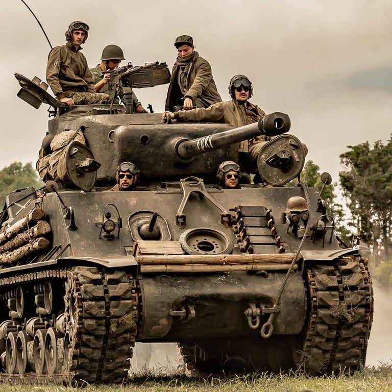 Char Sherman M4A2E8 du film Fury avançant dans un champ avec cinq soldats en uniforme lors des commémorations du Débarquement