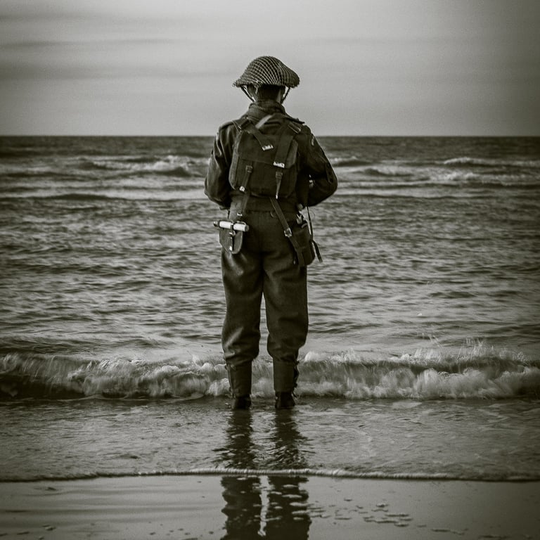 Soldat britannique seul en bord de mer, pieds dans l'eau, regard vers l'horizon, évoquant l'évacuation de Dunkerque.