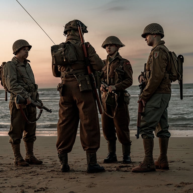 Quatre soldats en uniforme discutent sur une plage au crépuscule, partageant camaraderie et fraternité avant une mission.