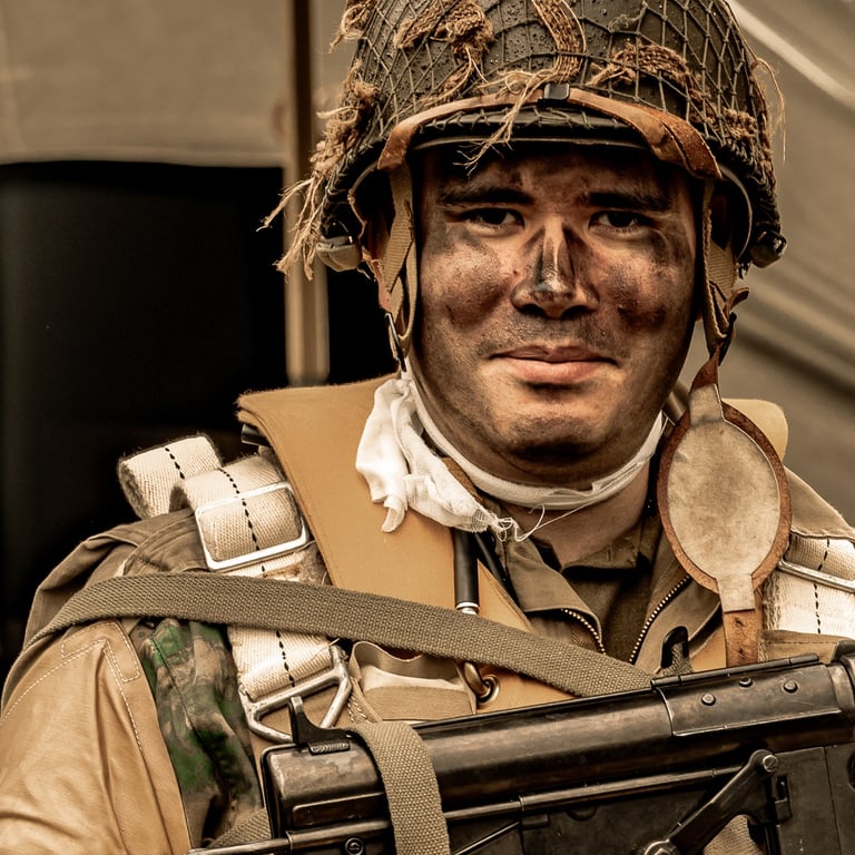 Gros plan sur un soldat parachutiste de la Seconde Guerre mondiale, casque, visage camouflé, prêt pour la mission.