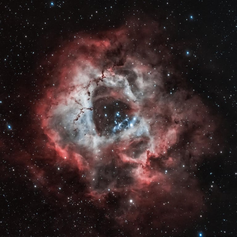 La nébuleuse de la Rosette (NGC 2238) capturée en détail, avec ses teintes rouges et ses étoiles scintillantes.