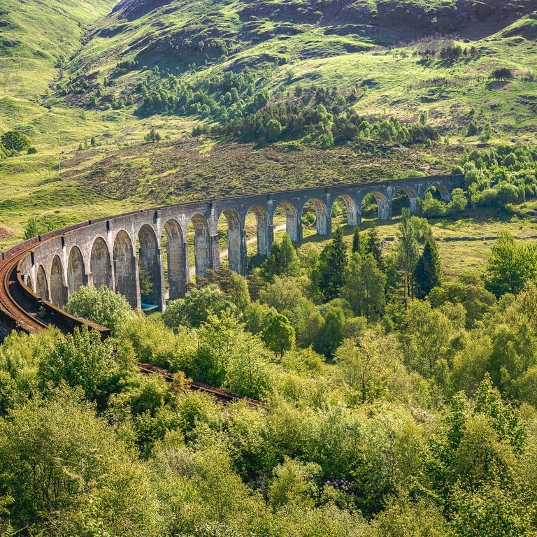Le viaduc de Glenfinnan serpente à travers un paysage verdoyant, offrant une vue iconique sur les Highlands écossais.