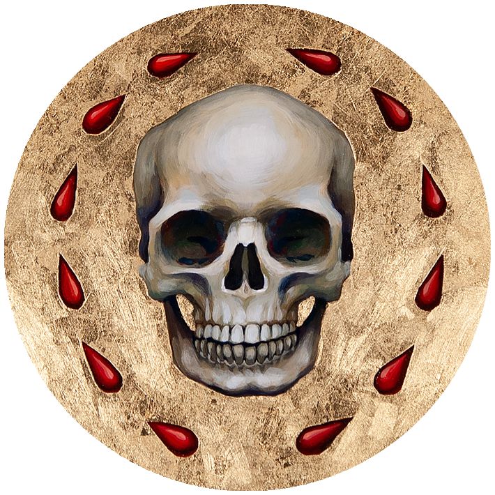 A skull surrounded by twelve drops of blood is painted on a gold leaf background.
