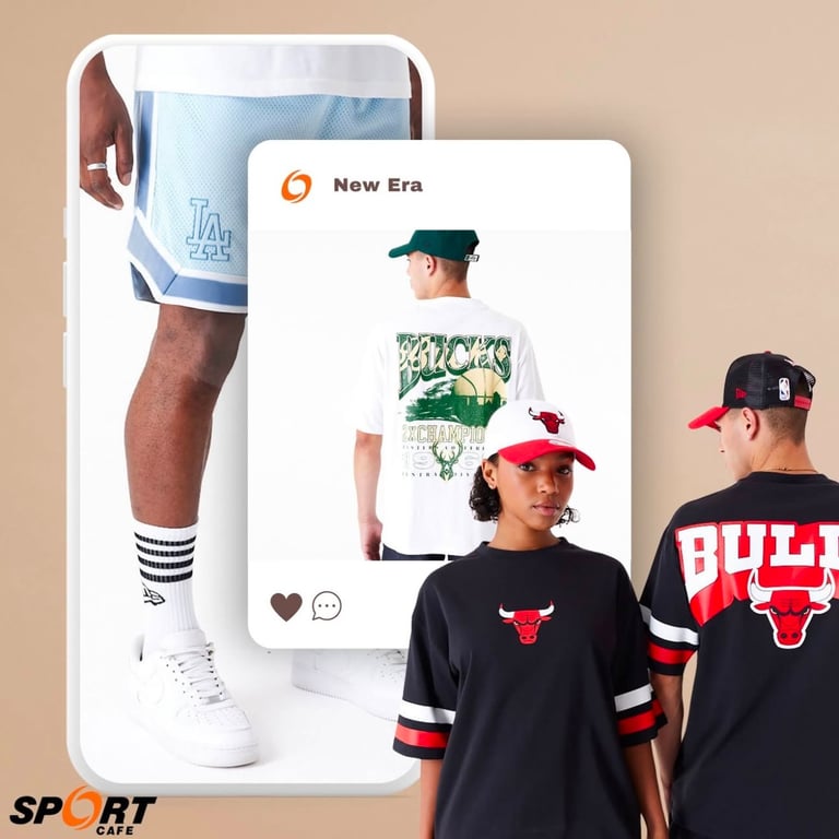 a man and woman wearing sportswear and a new era t - shirt