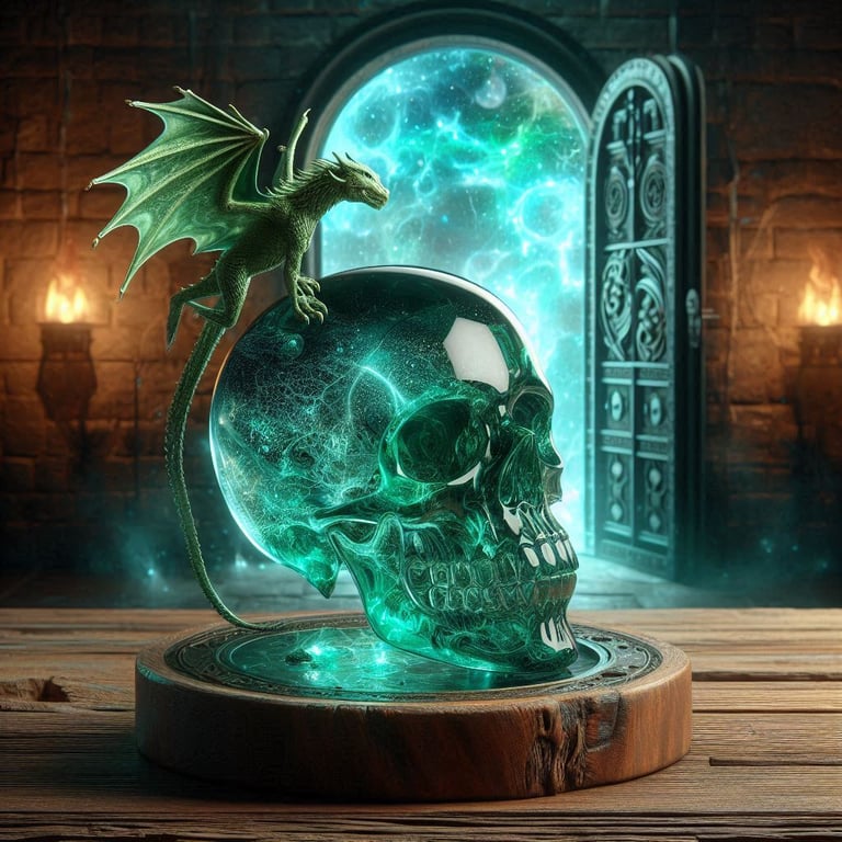 crâne de cristal, dragon et porte