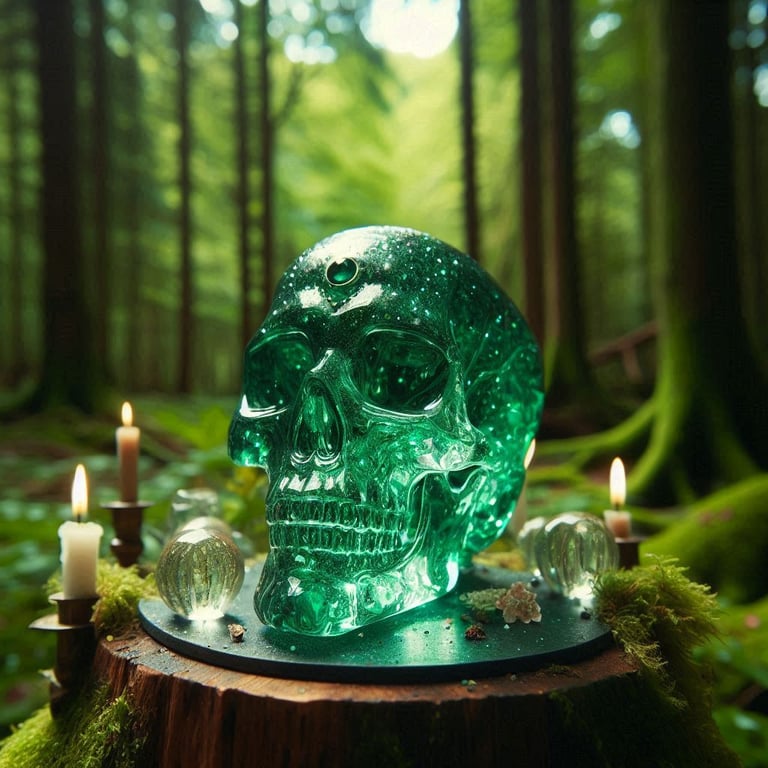 crâne de cristal vert emeraude forêt bougies