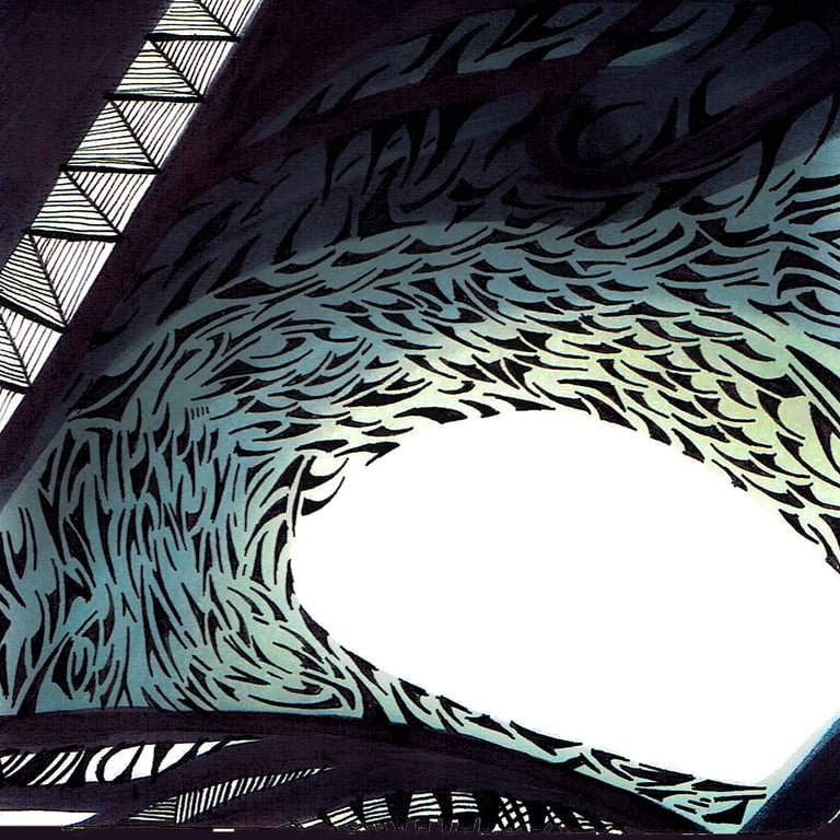 a spiral staircase way with a large fish in the middle