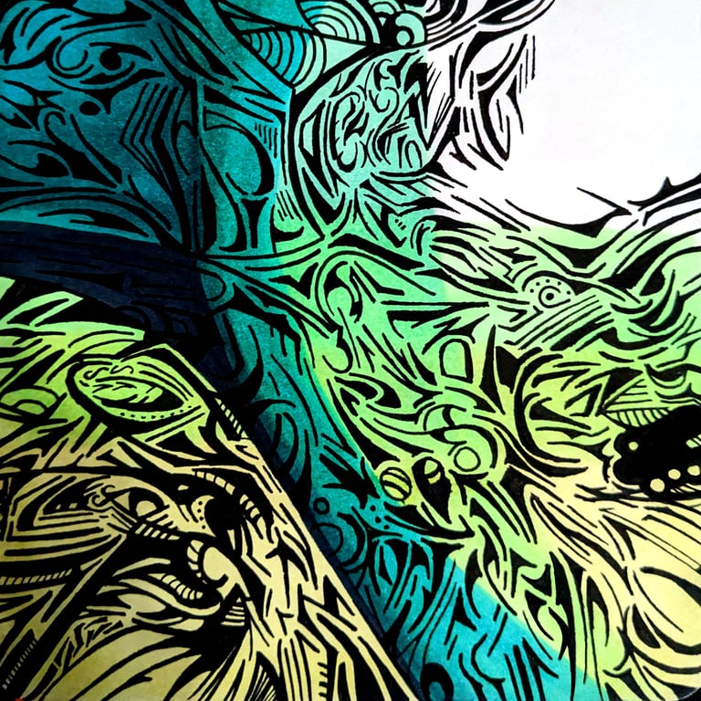 a close up of a colorful painting of a cat