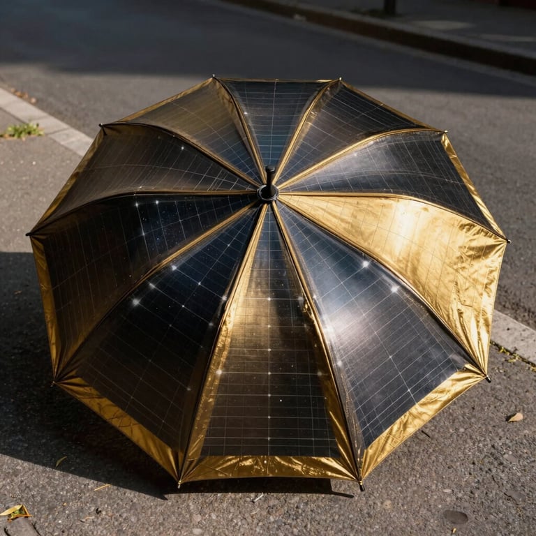A high-angle shot of a solar-powered umbrella, its fabric weaving in metallic gold and cosmic black, standing on a sunny street.