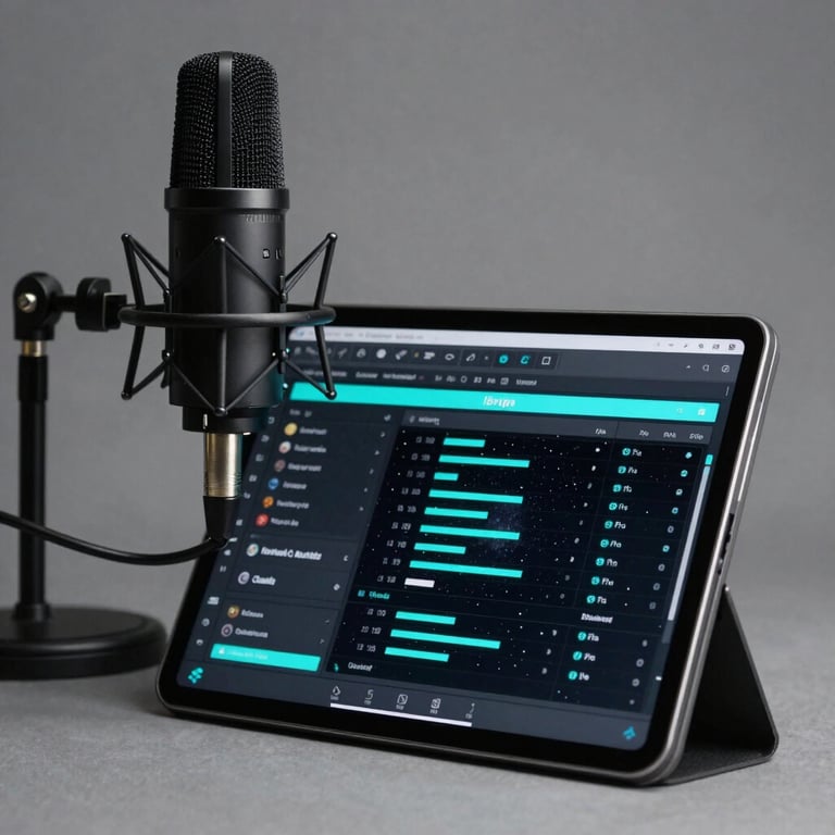 A professional studio setup with a sleek microphone and a tablet showing voice-to-text revision software in cosmic black and neon cyan.