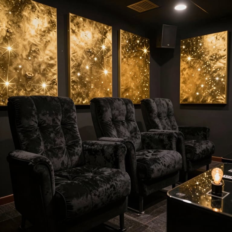 A high-contrast photograph of a silent karaoke studio, showing plush cosmic black chairs and glowing starlight gold acoustic panels.
