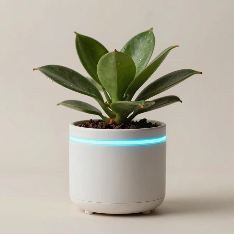 A minimalist still life of a smart plant pot with an electric cyan LED alarm ring against a soft off-white wall.