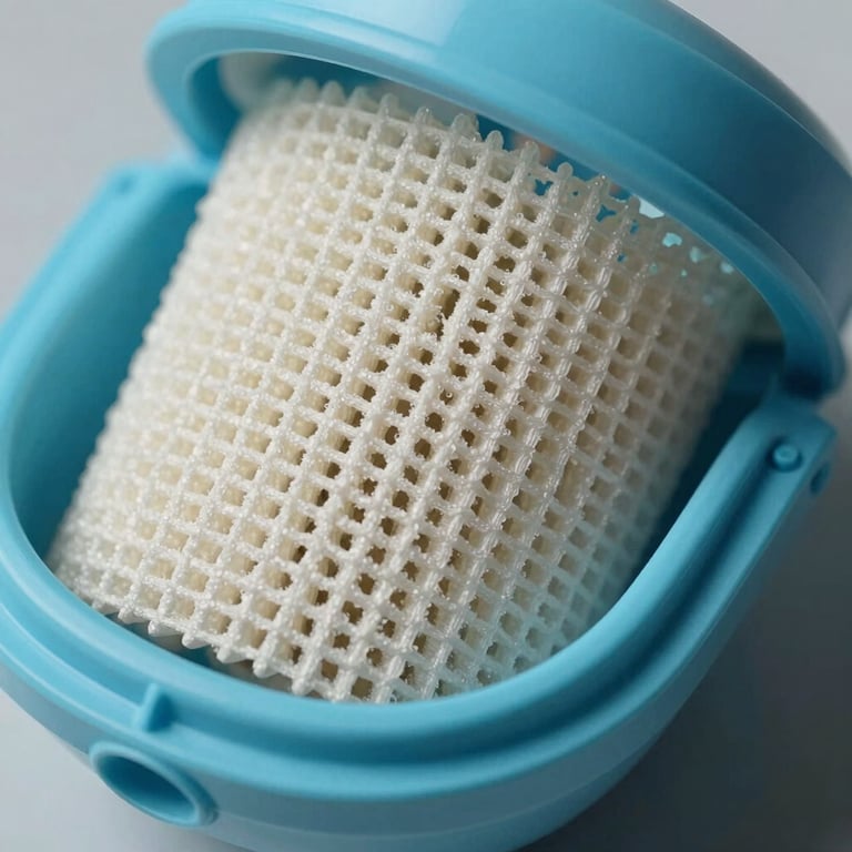 A macro photograph of a microplastic filter for laundry, featuring a sleek electric cyan casing and soft off-white mesh.
