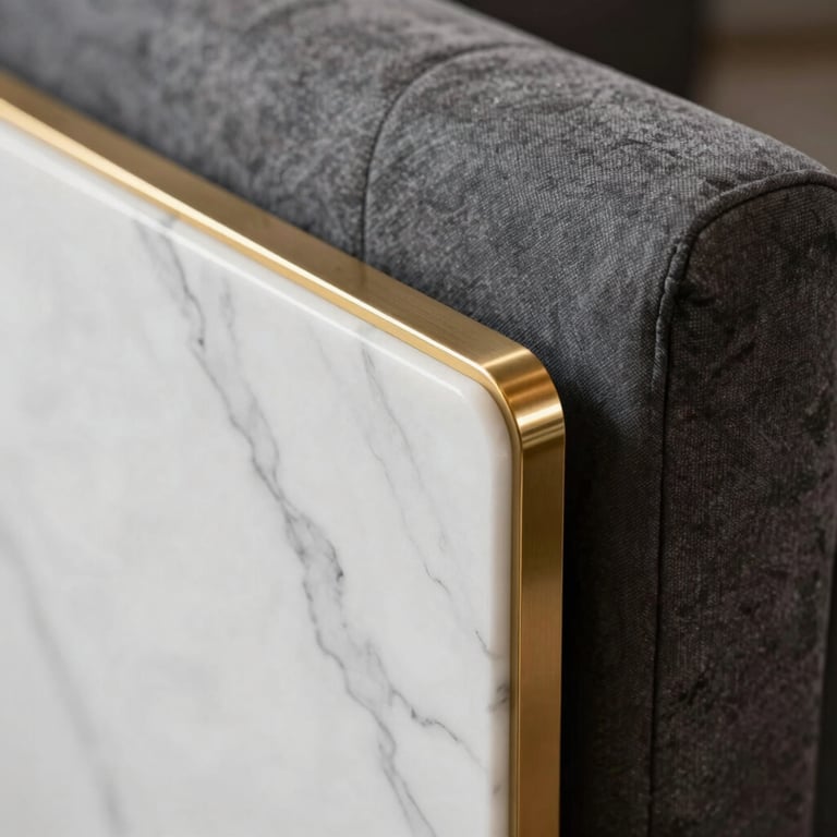 Close-up of premium material finishes: white marble, gold metal trim, and charcoal upholstery.