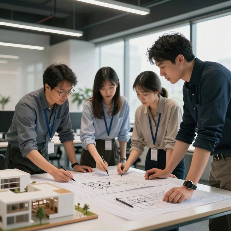 The TDS design team collaborating in a modern office with blueprints and architectural models.