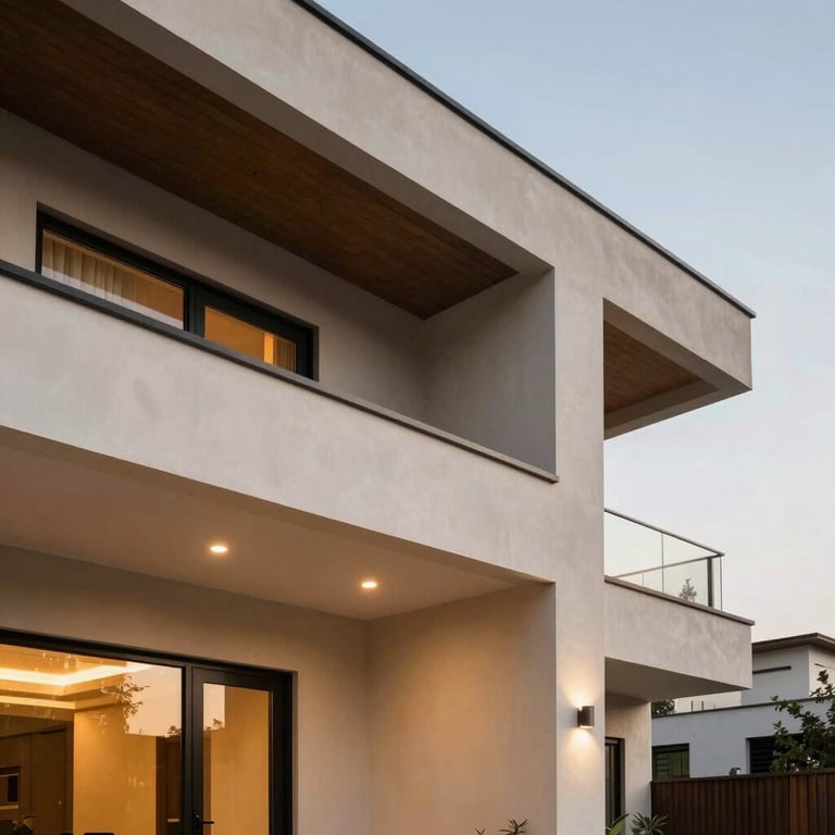 Architectural detail of a modern villa exterior in B-17 Islamabad, featuring clean lines and warm lighting.