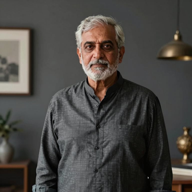 Portrait of a senior South Asian / Pakistani interior designer in a sophisticated charcoal studio environment.
