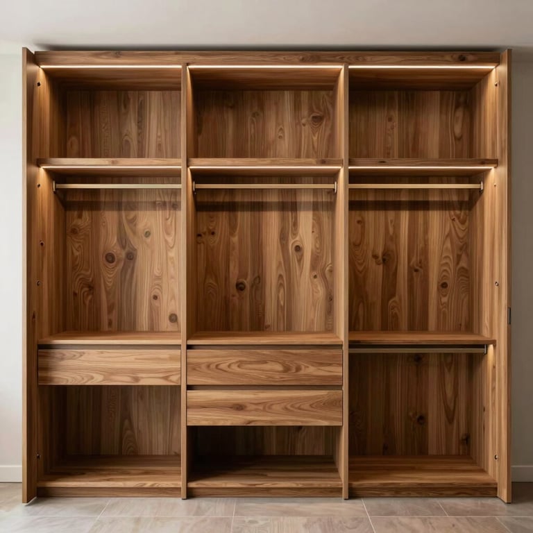 A luxury custom wardrobe design with integrated lighting and minimalist wood finish.