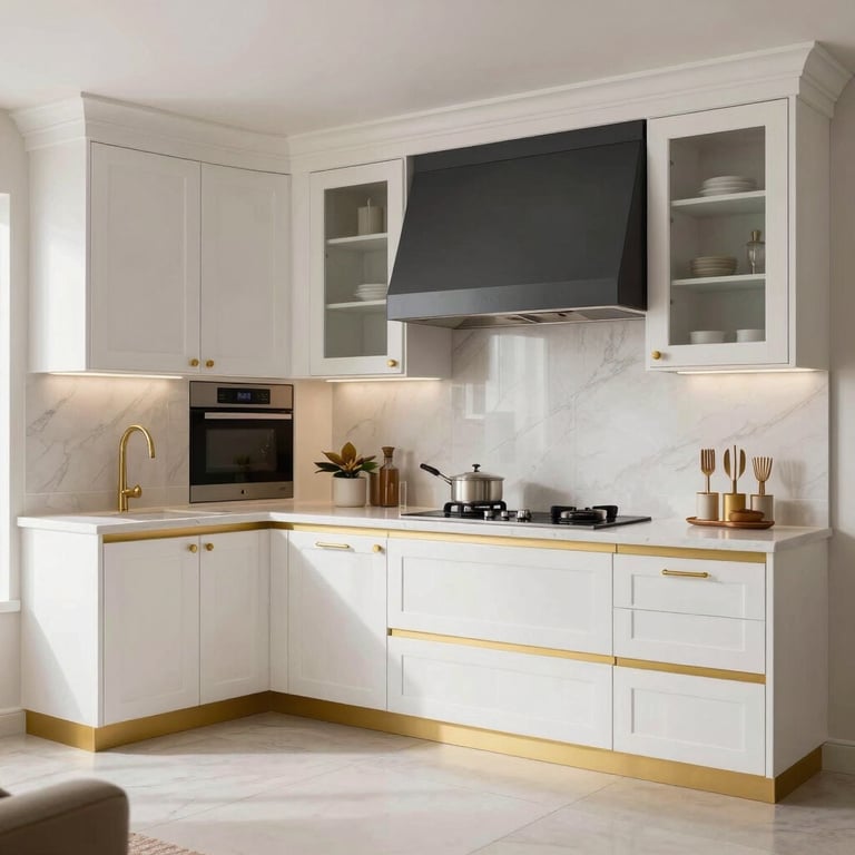 A premium white and gold kitchen execution with custom charcoal cabinetry in a Lahore estate.