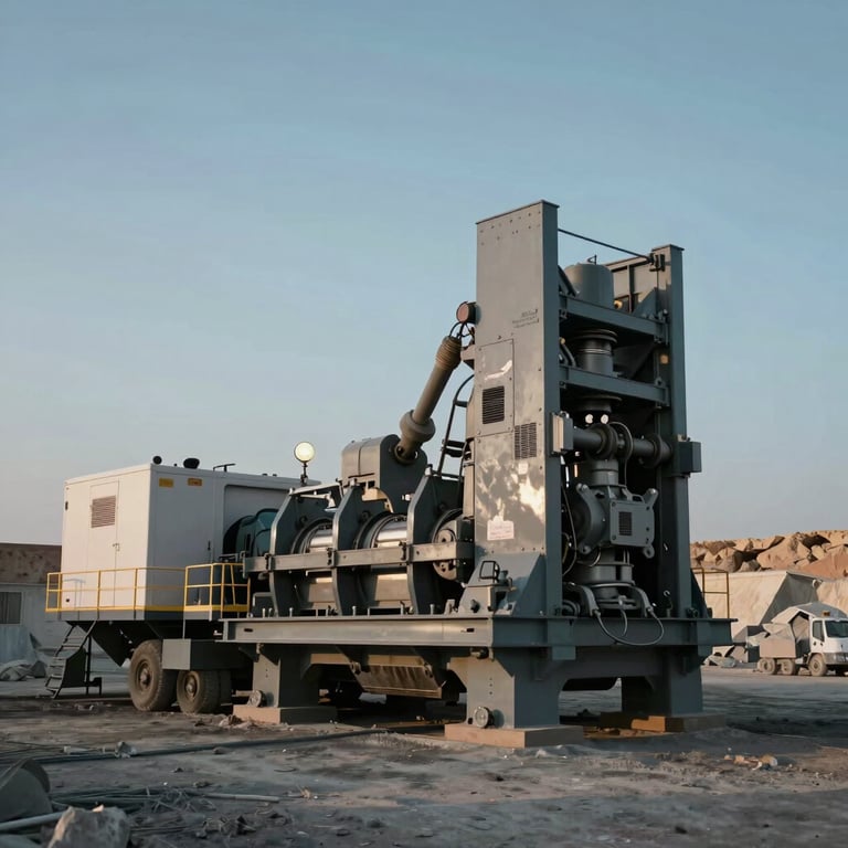 A large-scale rock crusher machine in operation at an Omani quarry under a Soft Slate Blue sky.