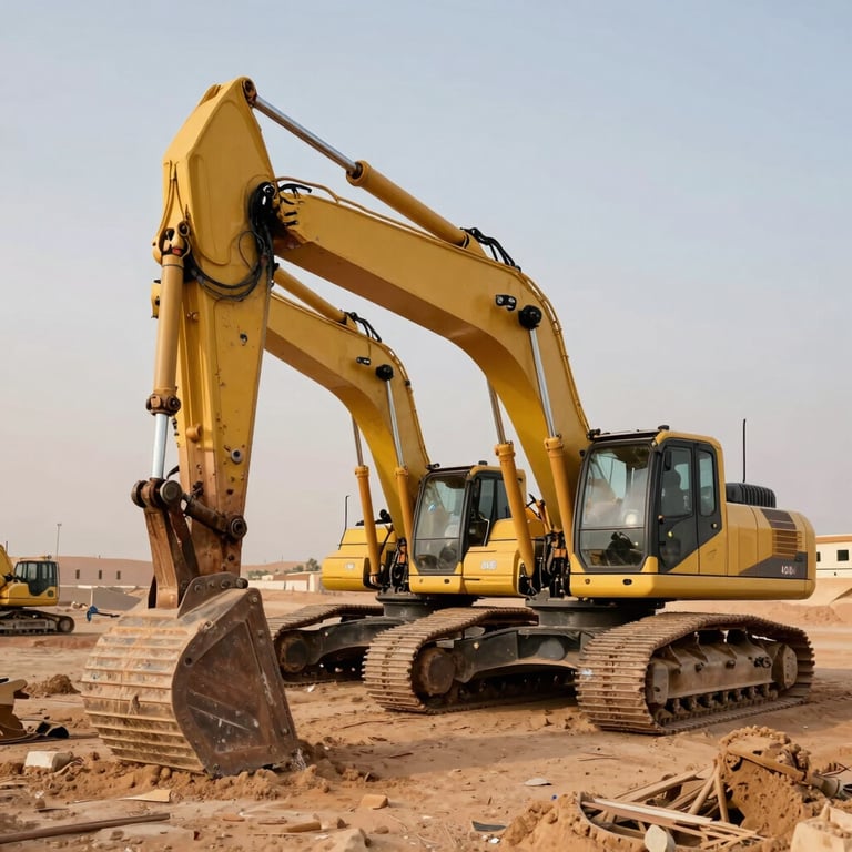 Heavy machinery and excavators lined up on a professional project site in a Middle Eastern / Omani desert landscape.