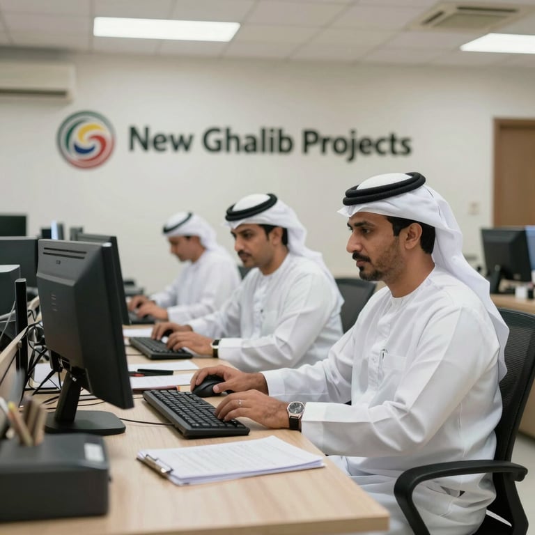 Professional staff at the New Ghalib Projects Trade office in Jafnain, Oman, in a modern Middle Eastern / Omani workspace.