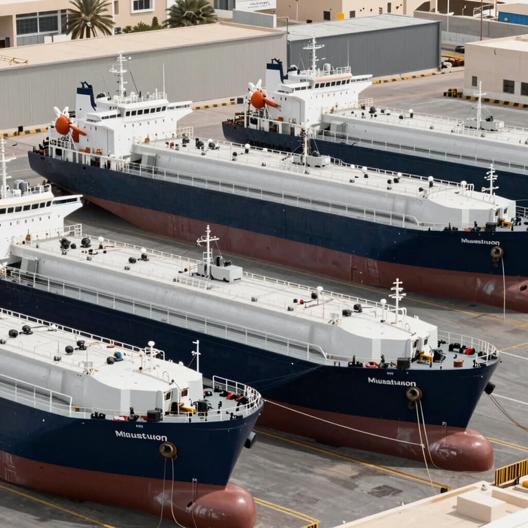 A fleet of diesel tankers parked in a modern industrial yard in Muscat, Oman, featuring Mist White and Midnight Navy branding.