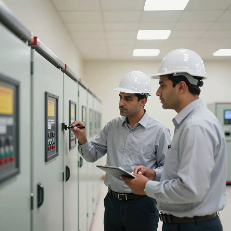 Engineers in professional attire inspecting industrial electrical panels in a modern government building in Oman.