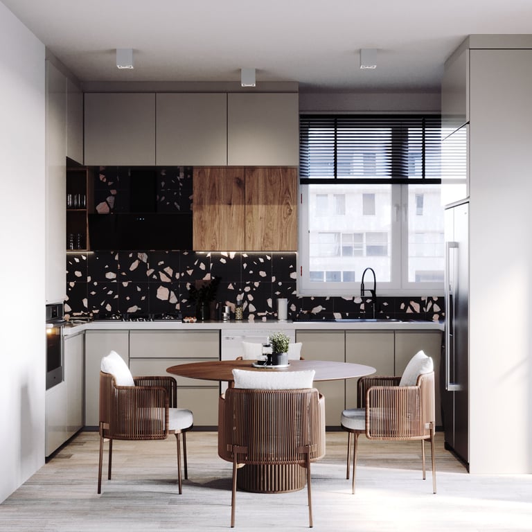 Modern kitchen, light cabinets, wood accents, unique tile backsplash, round table, window blinds.