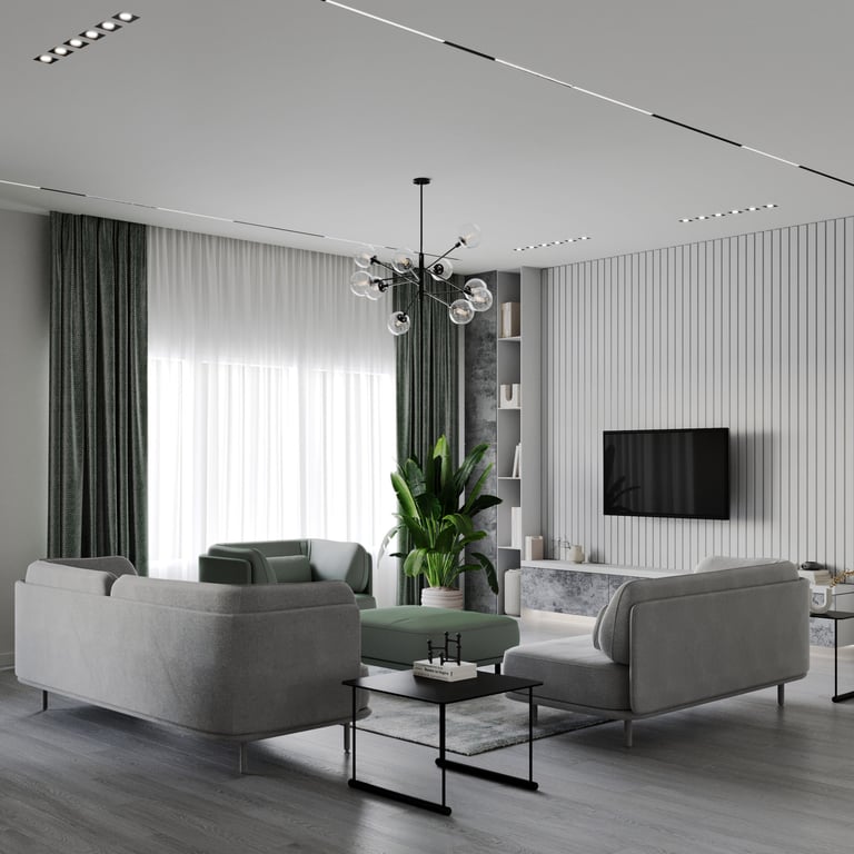 Modern living room with gray sofas, green armchair, central coffee table, large plant, and vertical paneling behind TV.