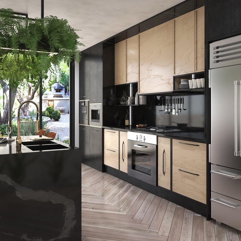 Modern kitchen with light wood cabinetry, sleek black countertop, built-in microwave, and large windows.