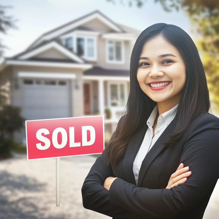 Happy real estate agent in front of sold home