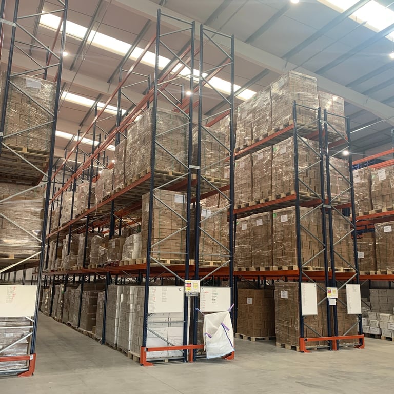 tall pallet racking in narrow aisle configuration with rack end protectors  